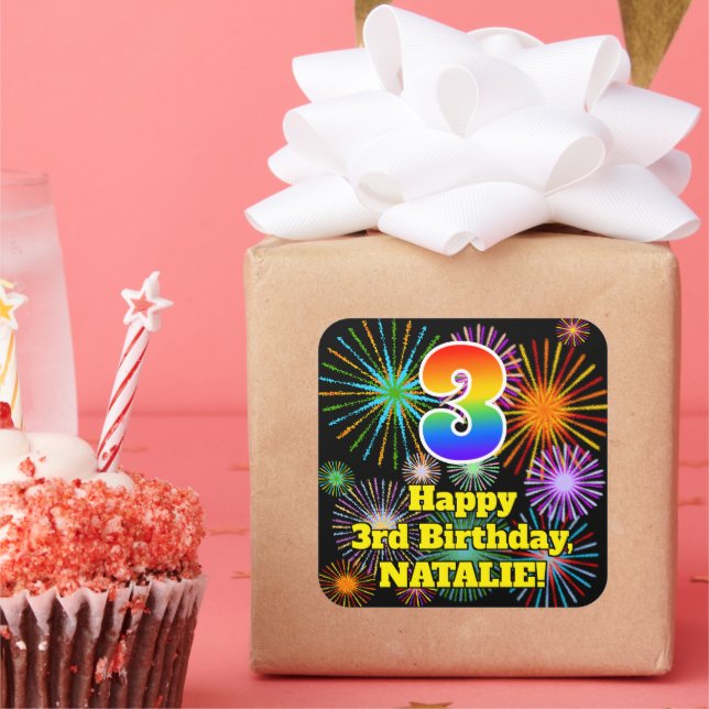 Sticker Carré 3e anniversaire : Fun Fireworks Look, Arc-en-ciel  (Fête)