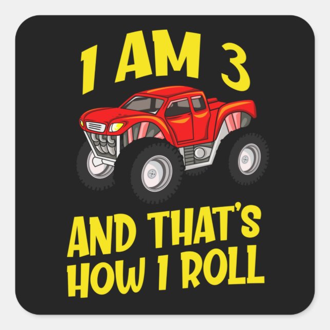 Sticker Carré 3e anniversaire Monster Truck Kids Cadeau de voitu (Devant)