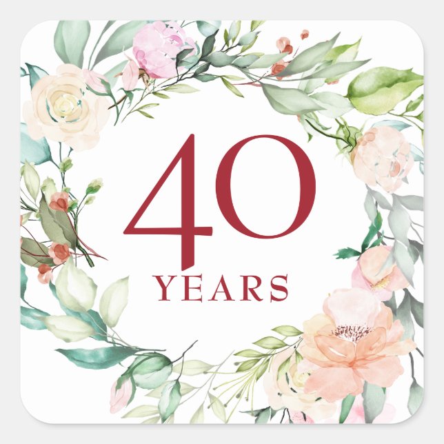 Sticker Carré 40 ans Rose Garland Ruby Mariage Anniversaire (Devant)