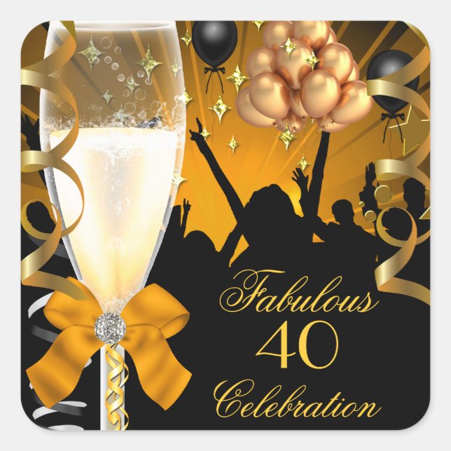 Sticker Carré 40 & Fabuleux Champagne d'Anniversaire Noir d'Or (Devant)