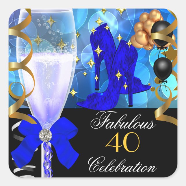 Sticker Carré 40 & Fabuleux Royal Blue Black Gold fête d'anniver (Devant)