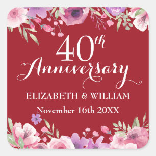Sticker Carré 40e année de Mariage de rubis Roses d'aquarelle