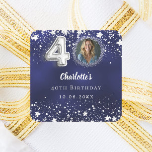 Sticker Carré 40e anniversaire bleu marine étoiles argentées pho