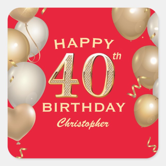Sticker Carré 40e Anniversaire des Ballons Rouge et Or (Devant)