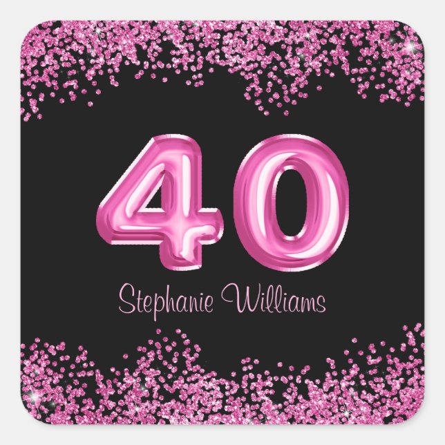 Sticker Carré 40e anniversaire Noir, Ballons roses | Parties sci (Devant)