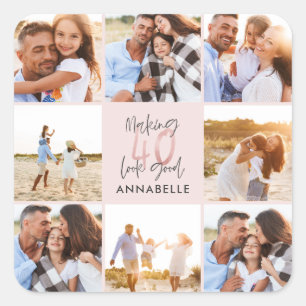 Sticker Carré 40e anniversaire rose girly parties scintillant ph