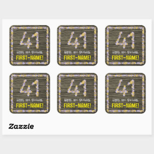 Sticker Carré 41e anniversaire : Numéro floral, Faux Wood Look, 