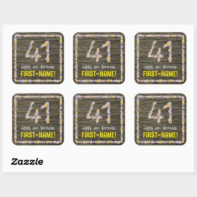 Sticker Carré 41e anniversaire : Numéro floral, Faux Wood Look,  (Feuille)