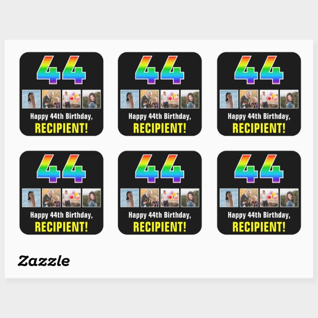 Sticker Carré 44e anniversaire : Arc-en-ciel "44"; Photos person (Feuille)