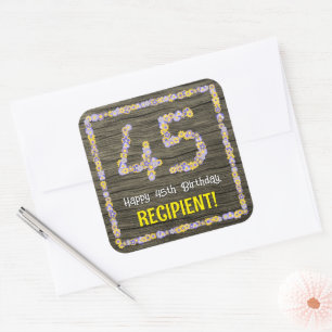Sticker Carré 45e anniversaire : numéro floral, Faux Wood Look, 