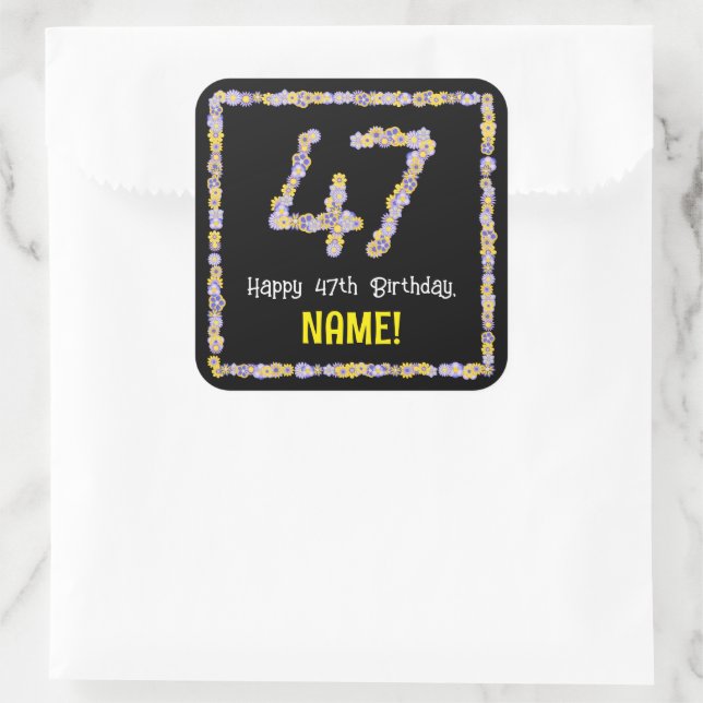 Sticker Carré 47e anniversaire : Floral Flowers Numéro, Nom pers (Sac)