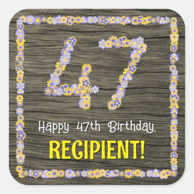 Sticker Carré 47e anniversaire : numéro floral, Faux Wood Look,  (Devant)