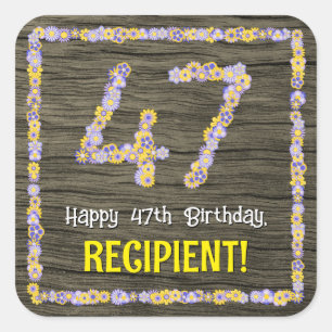 Sticker Carré 47e anniversaire : numéro floral, Faux Wood Look, 