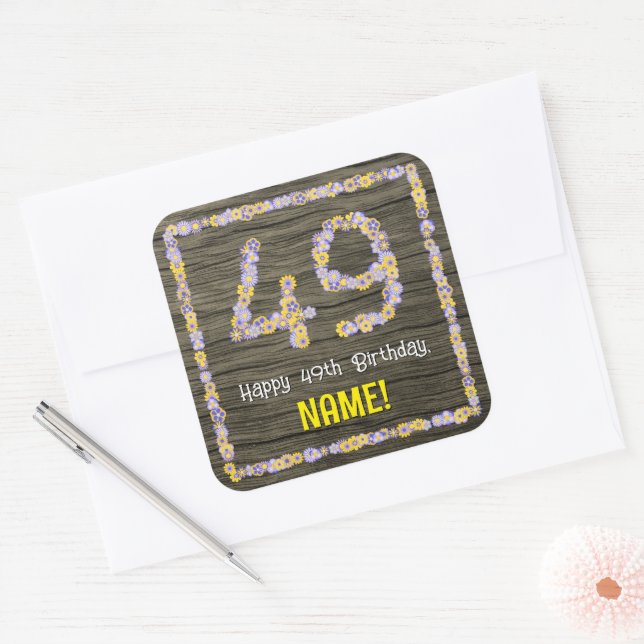 Sticker Carré 49e anniversaire : numéro floral, Faux Wood Look,  (Enveloppe)