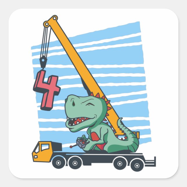 Sticker Carré 4 ans 4Anniversaire grue mobile Dinosaur (Devant)