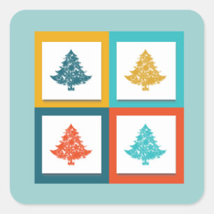 Sticker Carré 4 Arbres de Noël Retro Design