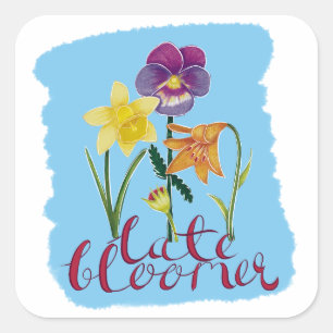 Sticker Carré 4 fleurs de printemps et d'été avec texte fantaisi