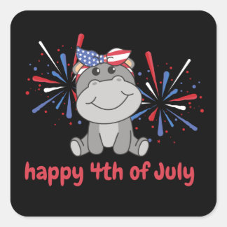 Sticker Carré 4 juillet Américain Hippo Enfants Usa Fireworks