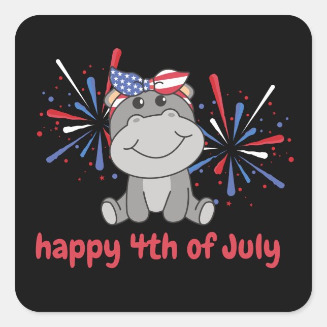 Sticker Carré 4 juillet Américain Hippo Enfants Usa Fireworks (Devant)