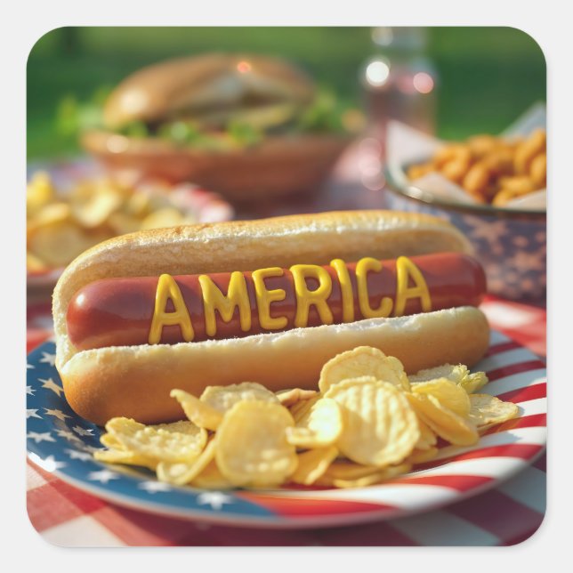 Sticker Carré 4 juillet américain Hot Dog (Devant)