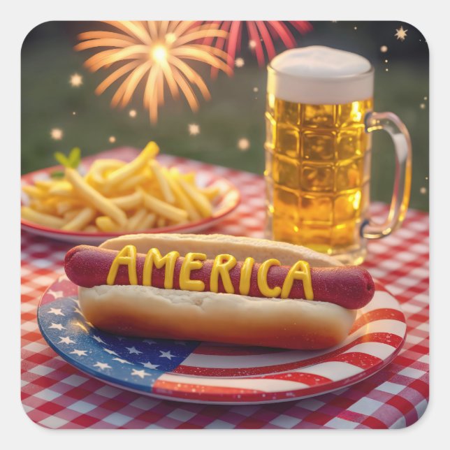 Sticker Carré 4 juillet américain Hot Dog (Devant)