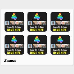 Sticker Carré 4e anniversaire : Arc-en-ciel "4"; photos et nom p