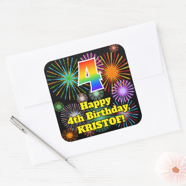 Sticker Carré 4e anniversaire : Fun Fireworks Look, Arc-en-ciel  (Enveloppe)