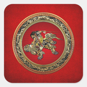 Sticker Carré [500] Hokusai - Shoki Riding Shishi Lion