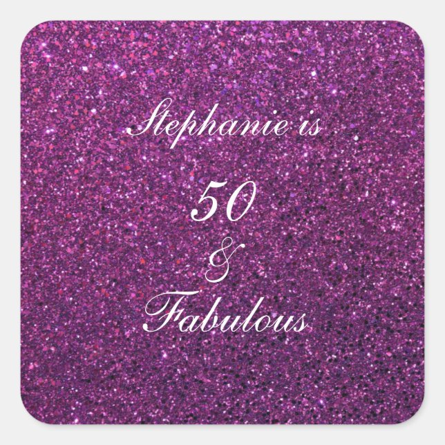 Sticker Carré 50 Et Fabuleux Anniversaire Violet Parties scintil (Devant)