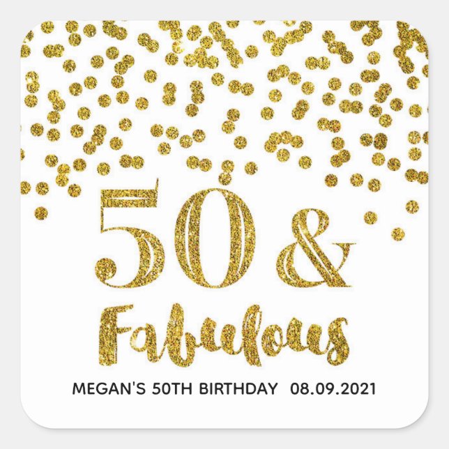 Sticker Carré 50 & Fabuleux Anniversaire Gold Parties scintillan (Devant)