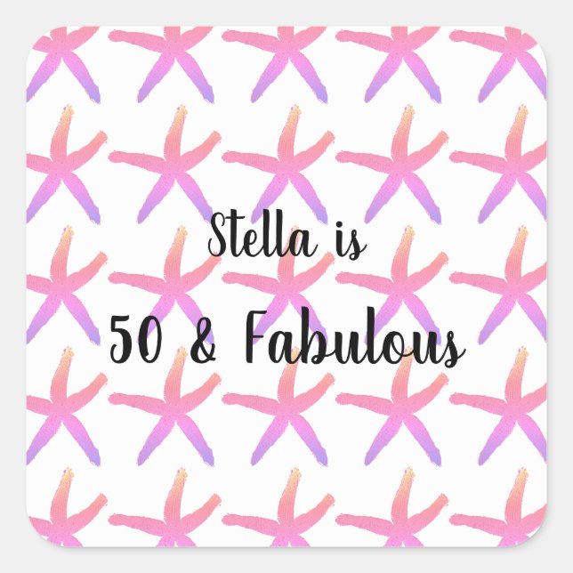 Sticker Carré 50 & Fabuleux Anniversaire Starfish Motif rose mig (Devant)