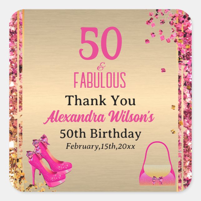 Sticker Carré 50 & Fabulous Gold Pink Glittery High Heels (Devant)