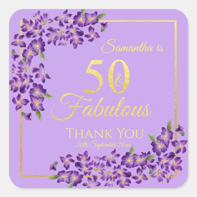 Sticker Carré 50 & Fabulous Gold Violet Flowers 50e anniversaire (Devant)