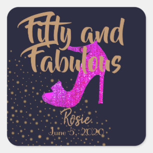 Sticker Carré 50 & Fabulous Sparkly Hot Pink Shoe Girly GoldText