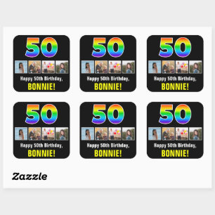 Sticker Carré 50e anniversaire : Arc-en-ciel "50"; photos et nom