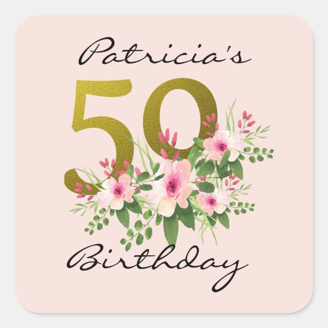 Sticker Carré 50e anniversaire Blush rose Floral Parties scintil (Devant)