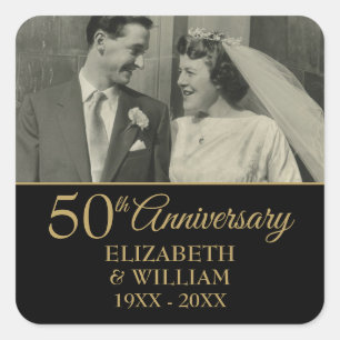 Sticker Carré 50e anniversaire de Mariage Photo Elegant Gold Bla