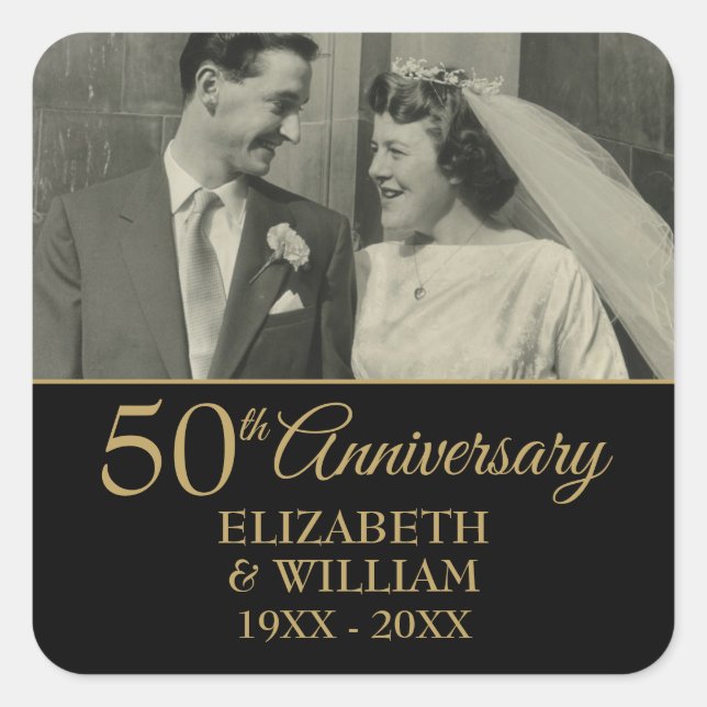 Sticker Carré 50e anniversaire de Mariage Photo Elegant Gold Bla (Devant)