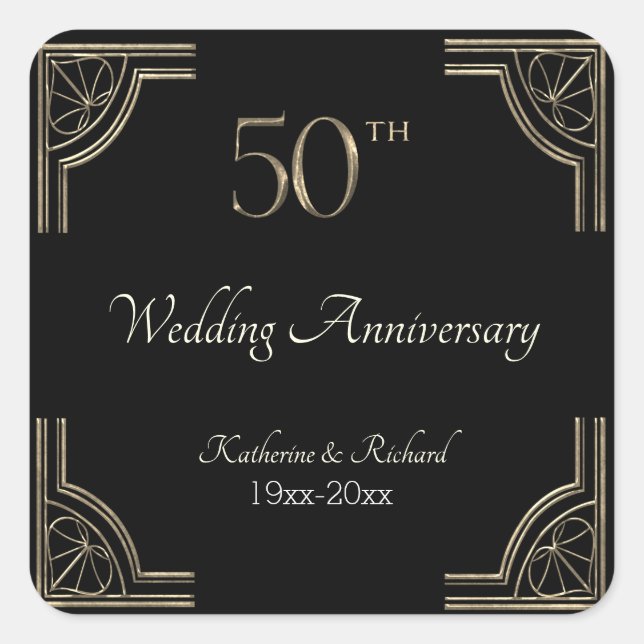 Sticker Carré 50e anniversaire Mariage d'or Art déco sur noir (Devant)