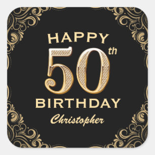 Sticker Carré 50e anniversaire Parties scintillant noir et or ca