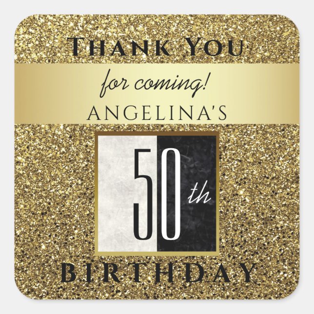 Sticker Carré 50e anniversaire Parties scintillant or noir et bl (Devant)