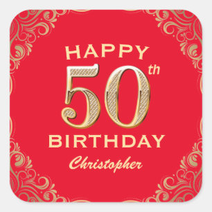 Sticker Carré 50e anniversaire Parties scintillant rouge et or c