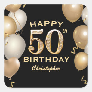Sticker Carré 50e fête d'anniversaire Ballons noirs et or