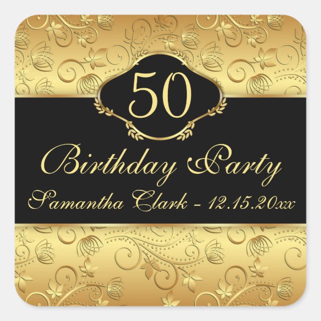 Sticker Carré 50e fête d'anniversaire fleurie d'or (Devant)