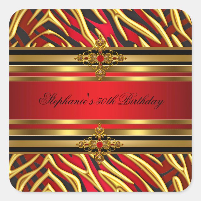 Sticker Carré 50e fête d'anniversaire Red Zebra Gold Black (Devant)