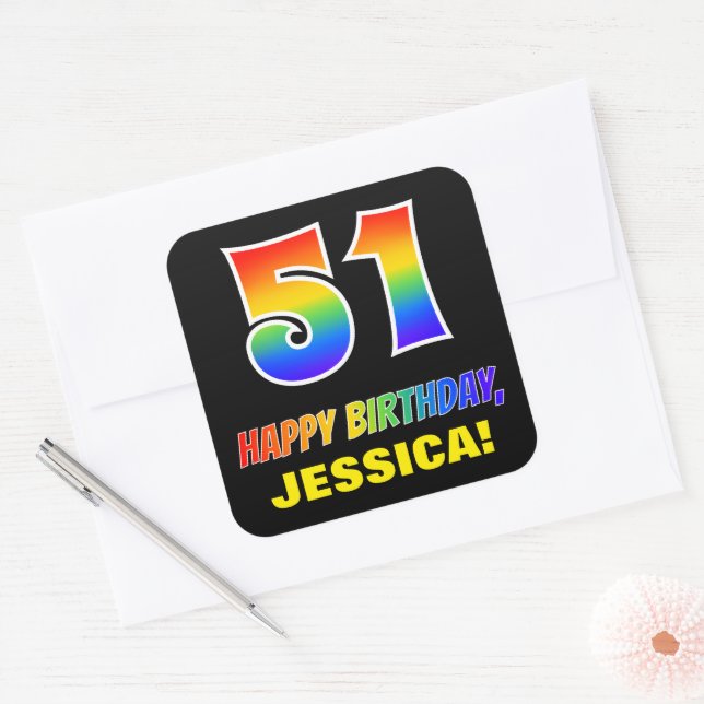 Sticker Carré 51e anniversaire : Bold, amusant, simple, arc-en-c (Enveloppe)