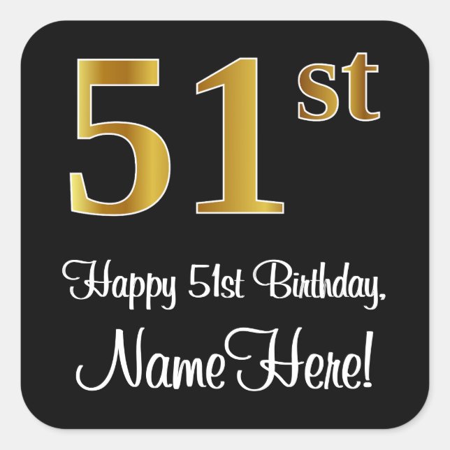 Sticker Carré 51e anniversaire - Elégant luxe Faux Gold Look # (Devant)