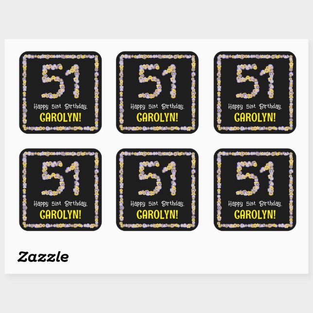 Sticker Carré 51e anniversaire : Floral Flowers Numéro, Nom pers (Feuille)