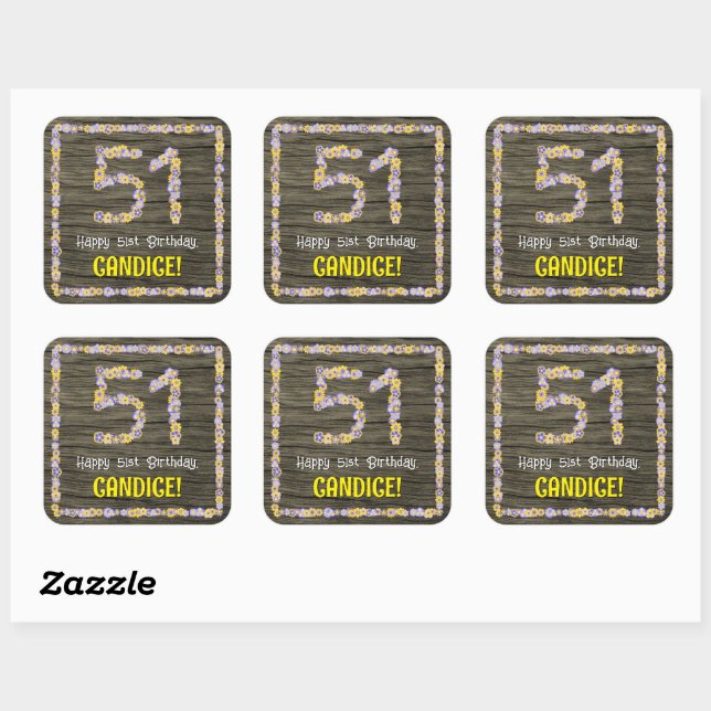 Sticker Carré 51e anniversaire : Floral Number, Faux Wood Look,  (Feuille)