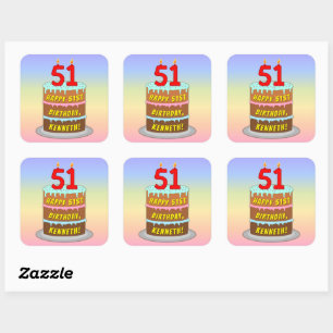 Sticker Carré 51e anniversaire : Fun Cake and Candles + Nom pers
